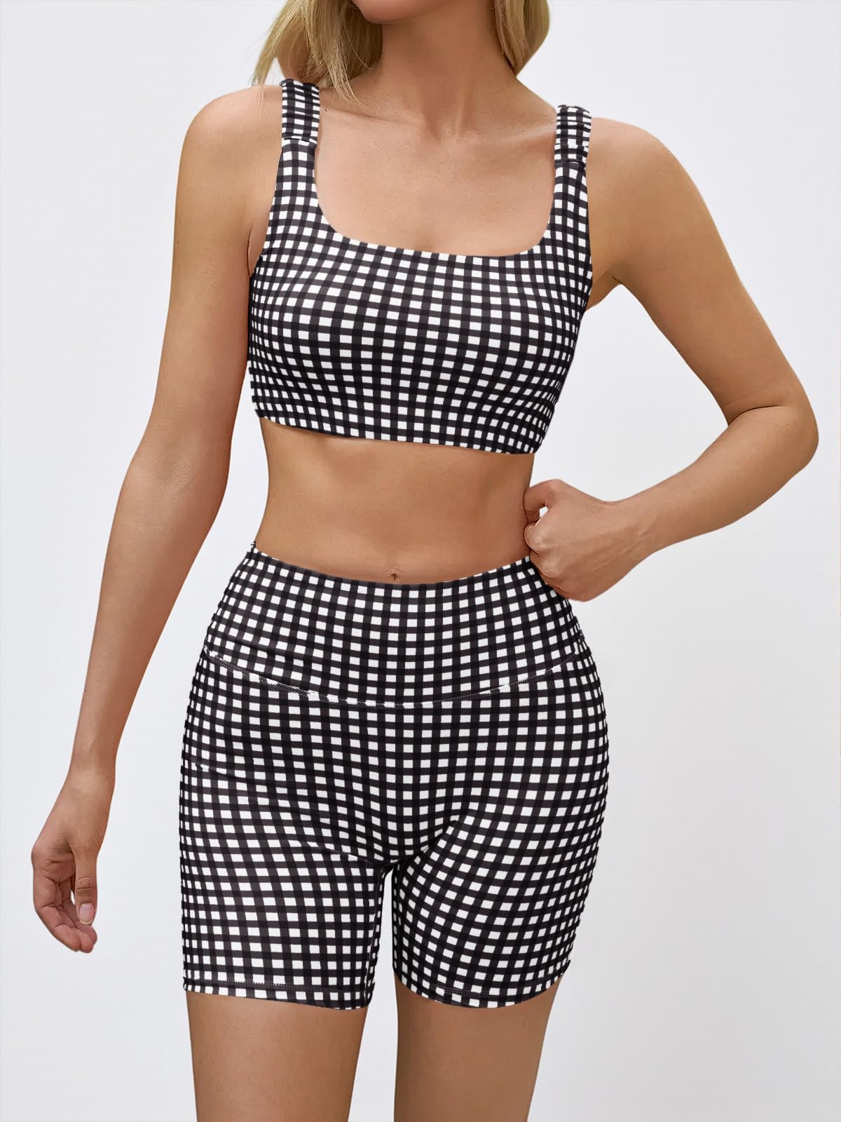 Women's 2-Piece Athleisure Wear Set Padded Gingham Crop Tank Top & High Waisted Sports Yoga Short