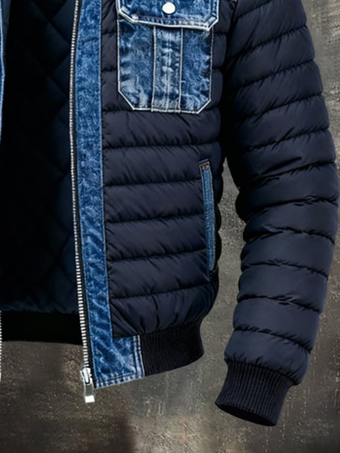Men'S Vintage Denim Patchwork Outdoor Jacket Cotton Coat