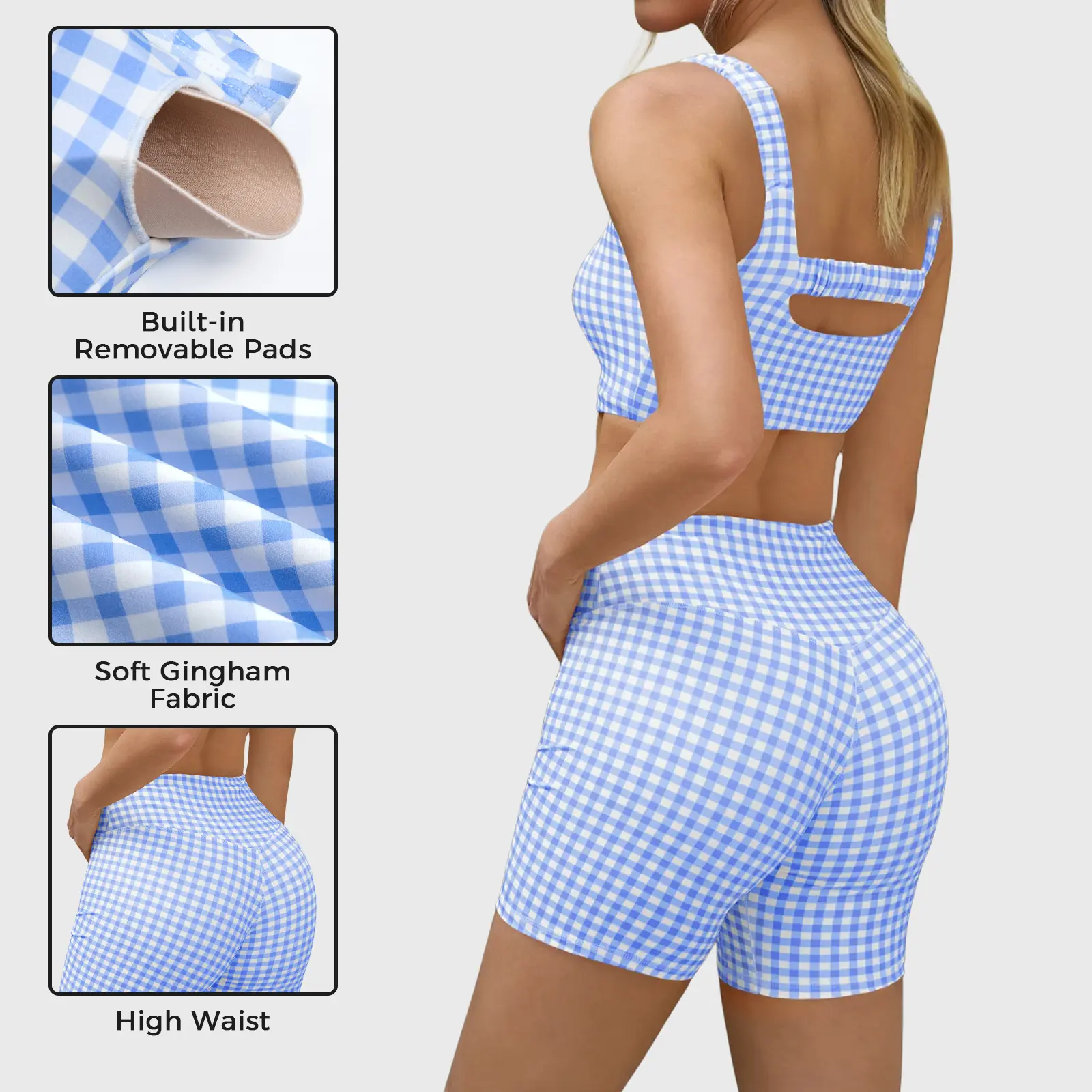 Women's 2-Piece Athleisure Wear Set Padded Gingham Crop Tank Top & High Waisted Sports Yoga Short