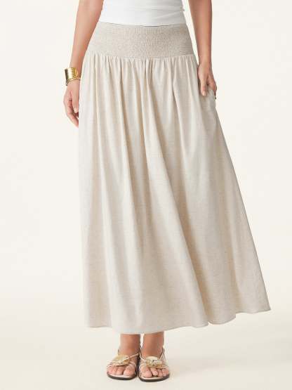 European Linen Smocked Waist Skirt with Pockets