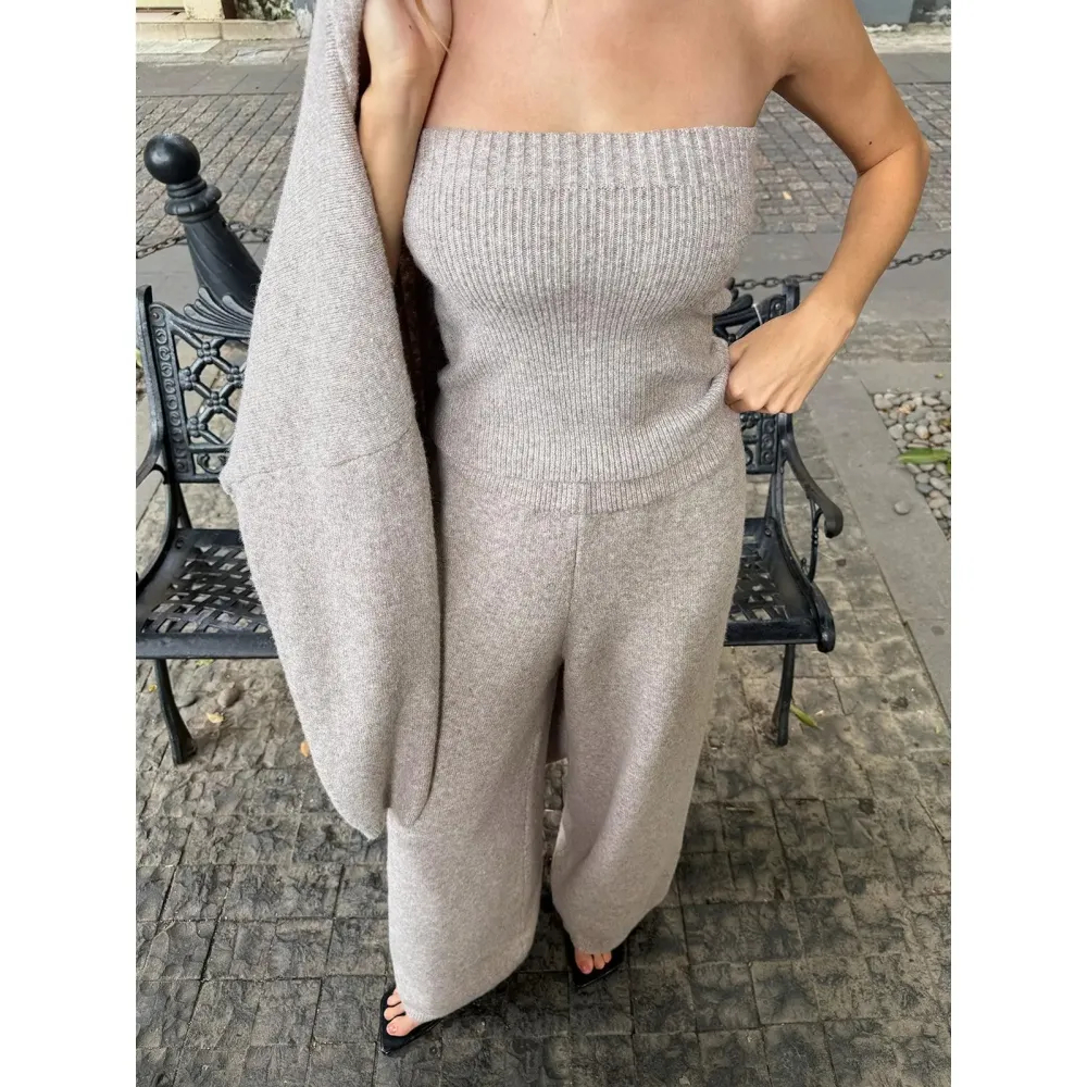 Three-Piece Knit Bustier Cardigan Pants Set