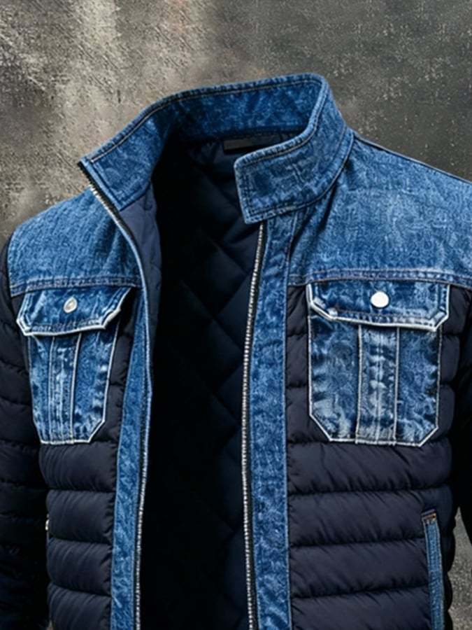 Men'S Vintage Denim Patchwork Outdoor Jacket Cotton Coat