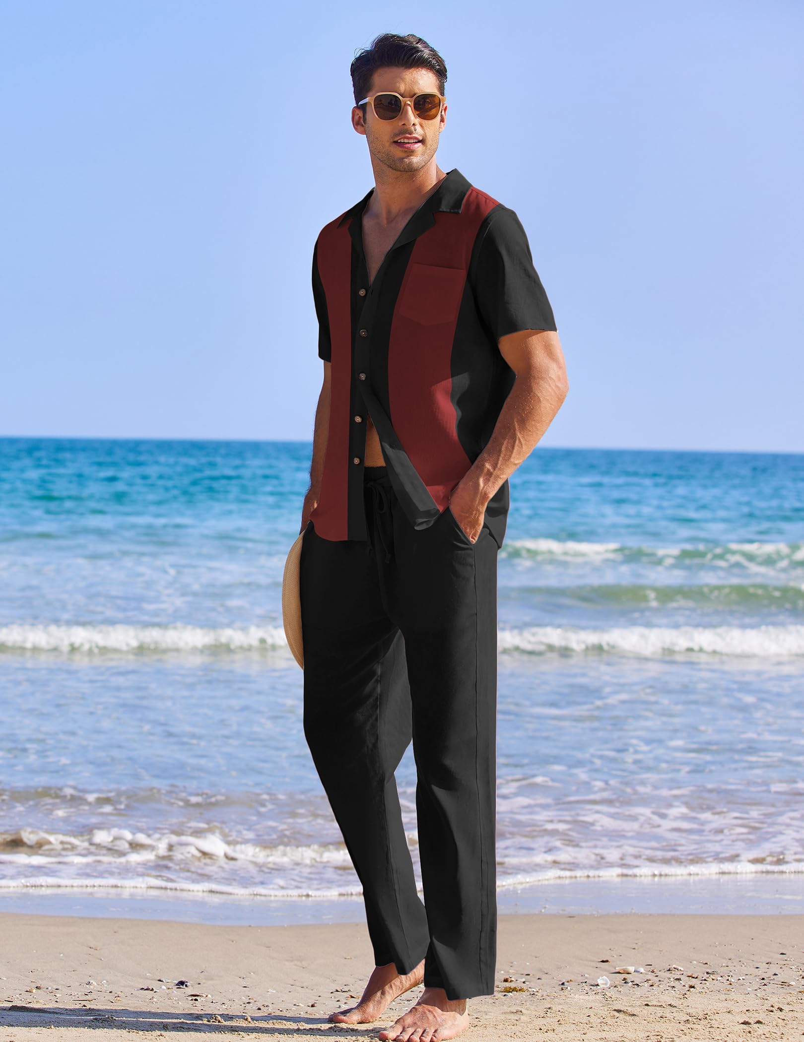 🔥Hot Summer Pick - Men's 2-Piece Linen Outfit Beach Button Down Shirt & Casual Loose Pant Set