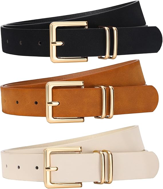 SANSTHS 3 PACK Women Leather Belts for Jeans Pants Dresses Fashion Ladies Waist Belt with Gold Square Buckle
