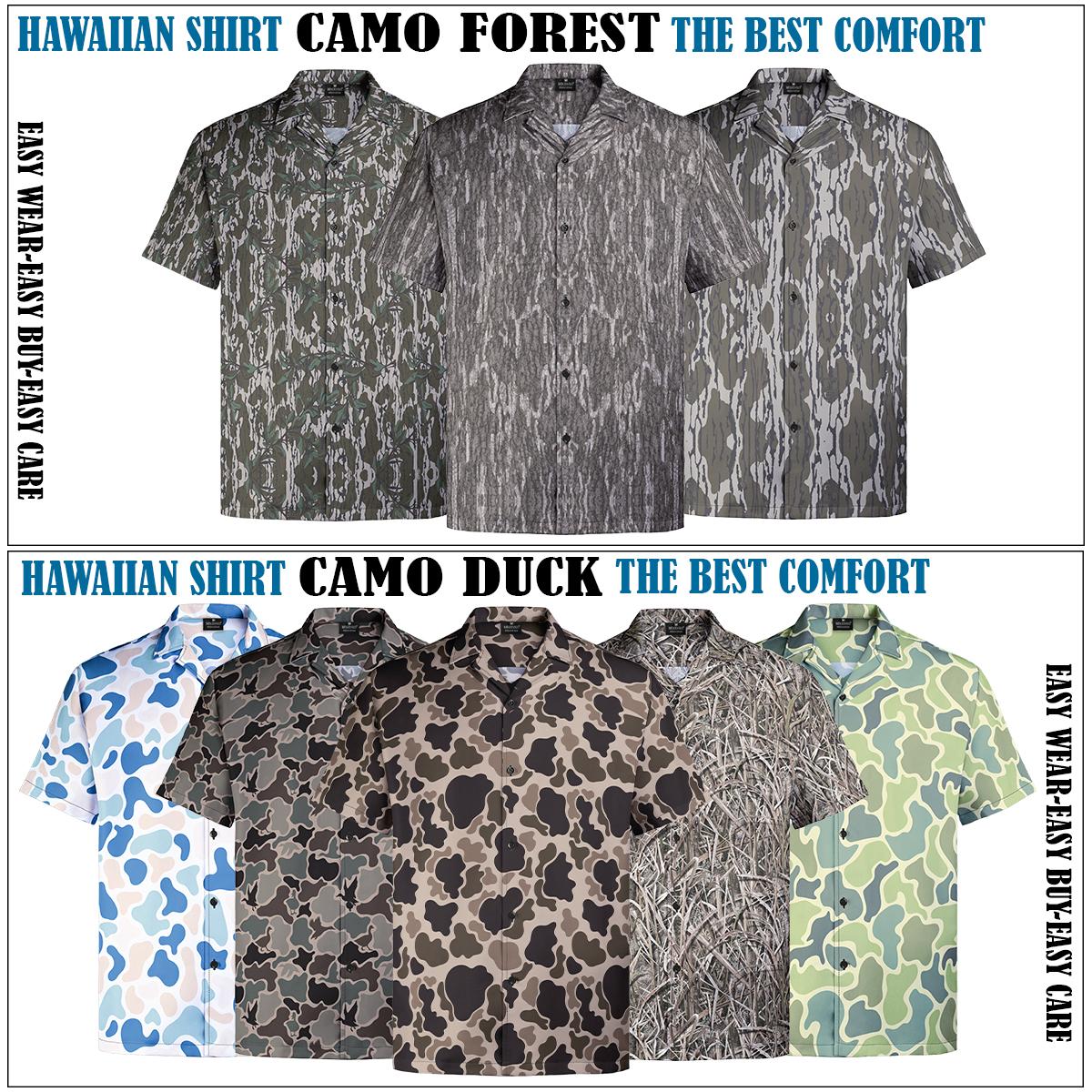 Men's Hawaiian Camo Shirt, Short Sleeve Button-Up, Classic Fit, Summer Outdoor Look, Gift for Dad or Him, Camouflage Vacation Shirt