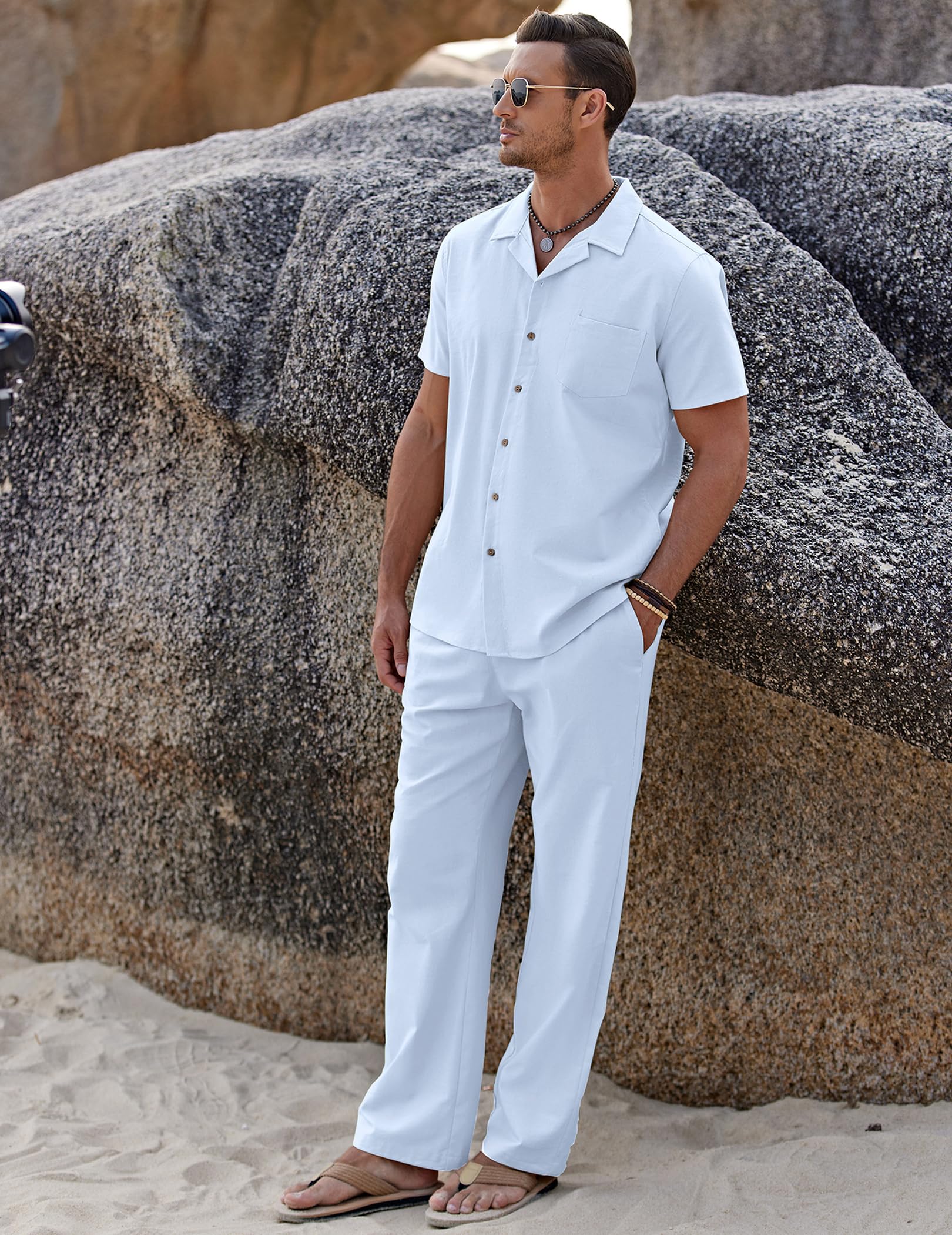 🔥Hot Summer Pick - Men's 2-Piece Linen Outfit Beach Button Down Shirt & Casual Loose Pant Set