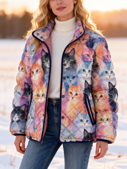 Colorful Cat Print Quilted Puffer Jacket Stand-Collar Casual Coat 