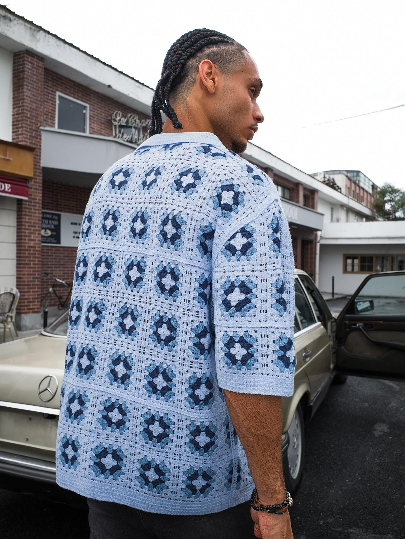 Men's Summer Cool Knitted Short-Sleeve Shirt Baby Blue Boho Vacation Casualwear Loose Fit Collared Button Closure All-Over Print Menswear Acrylic Knitwear Men's Summer Cool Knitted Short-Sleeve Shirt Baby Blue Boho Vacation Casualwear Loose Fit Collared Button Closure All-Over Print Menswear Acrylic Knitwear