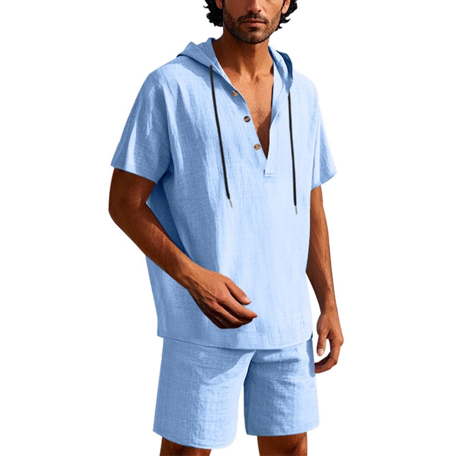 Men's Lightweight Linen Short Sleeve Hooded Henley Shirt & Short 2-Piece Set