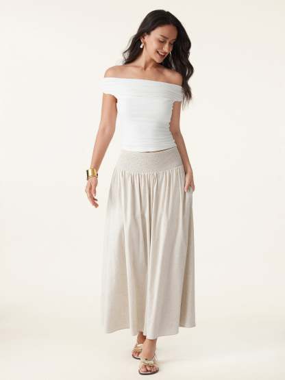 European Linen Smocked Waist Skirt with Pockets