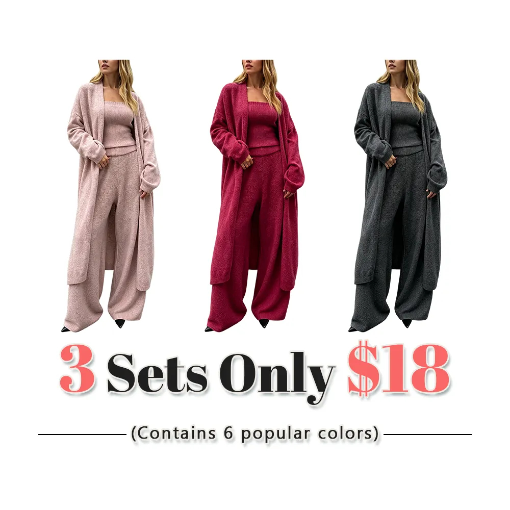 Three-Piece Knit Bustier Cardigan Pants Set