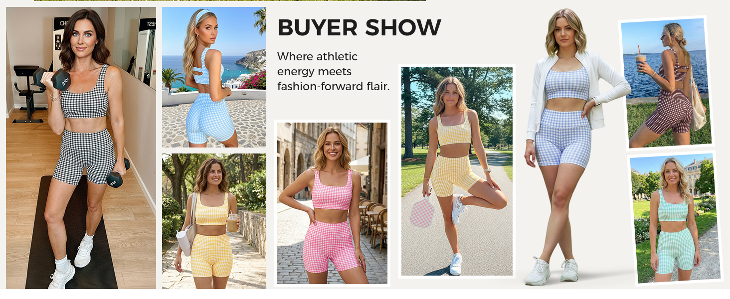 Gingham 2 Piece Outfits Open Back Crop Tank High Waist Seamless Sports Shorts Sets Yoga Matching Set