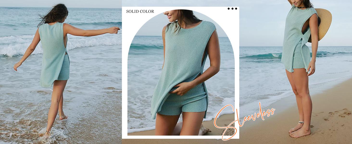 SCUSTY Women's 2 Piece Outfits Summer Knit Sweater Set Sleeveless Tunic Top Matching Shorts Trendy Beach Vacation Sets Loungesetwomen Suits Clothes Womenswear Basic Beige
