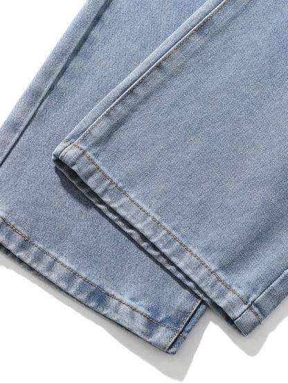 Men's Drawstring Waist Straight-Cut Jeans Washed Vintage Denim Pants