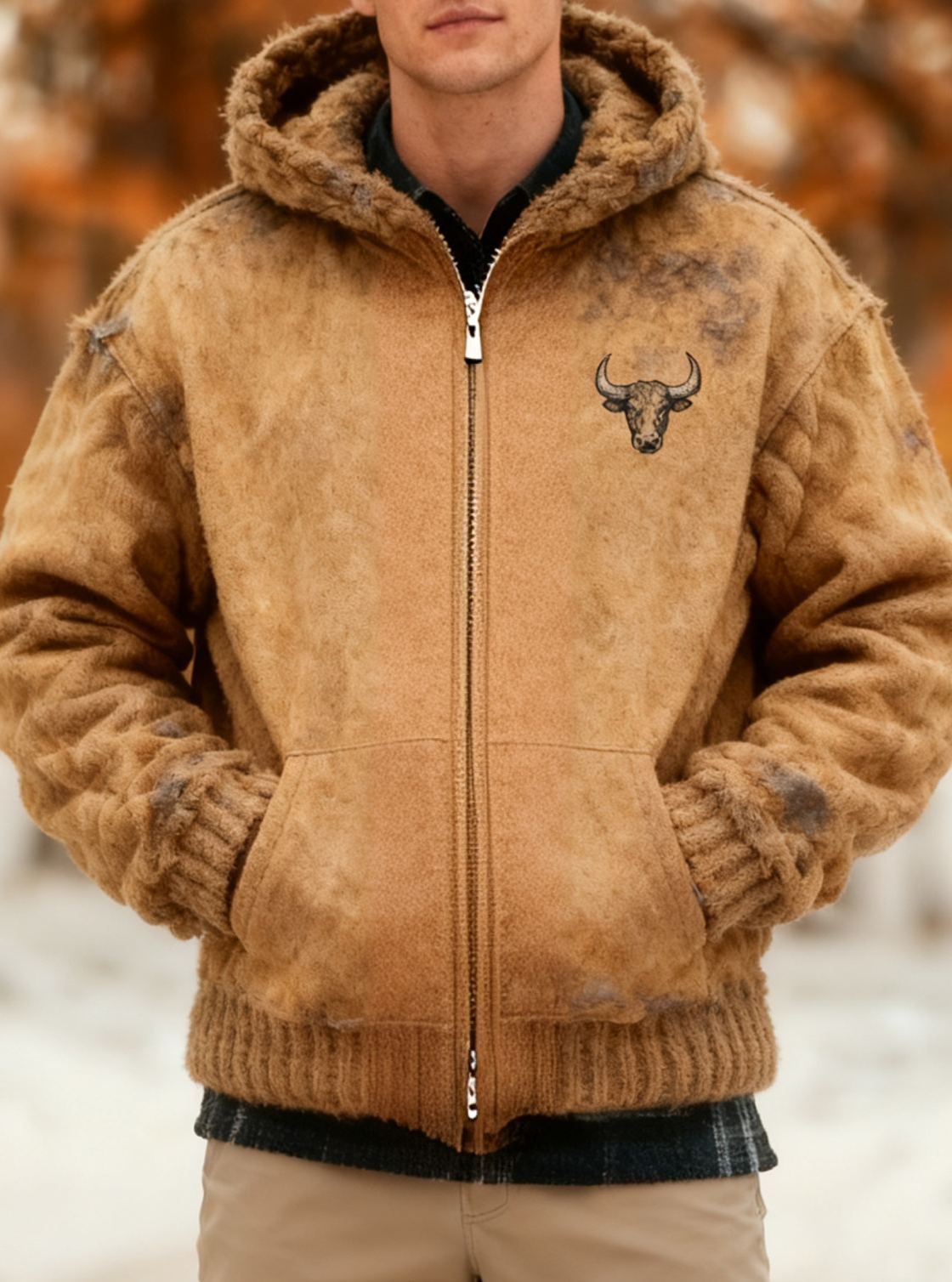 Men's Vintage Bull Pattern Chunky Yarn Knit Hooded Zip Sweater Jacket