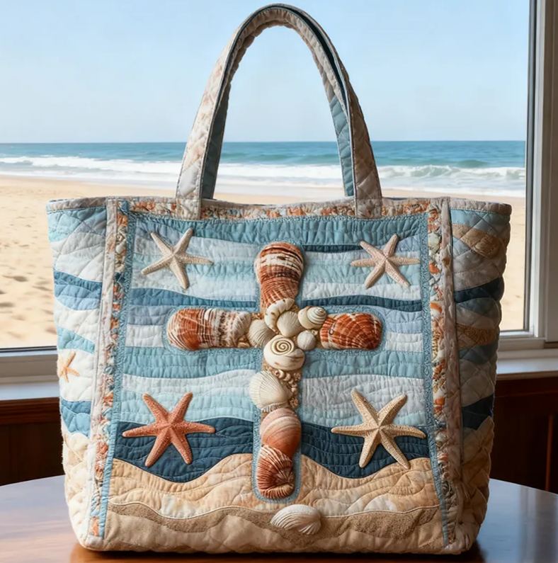 Beach Shell Cross Quilted Tote Bag