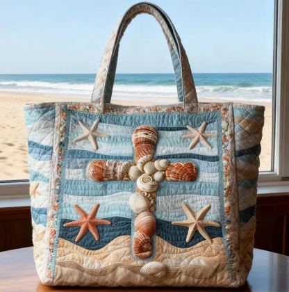 Beach Shell Cross Quilted Tote Bag