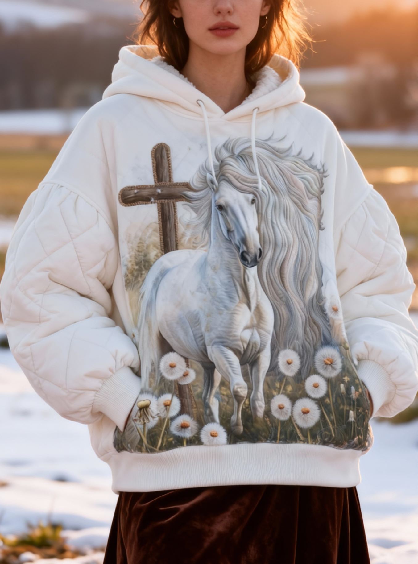White Horse Cross & Dandelion Sherpa-Lined Quilt Hoodie