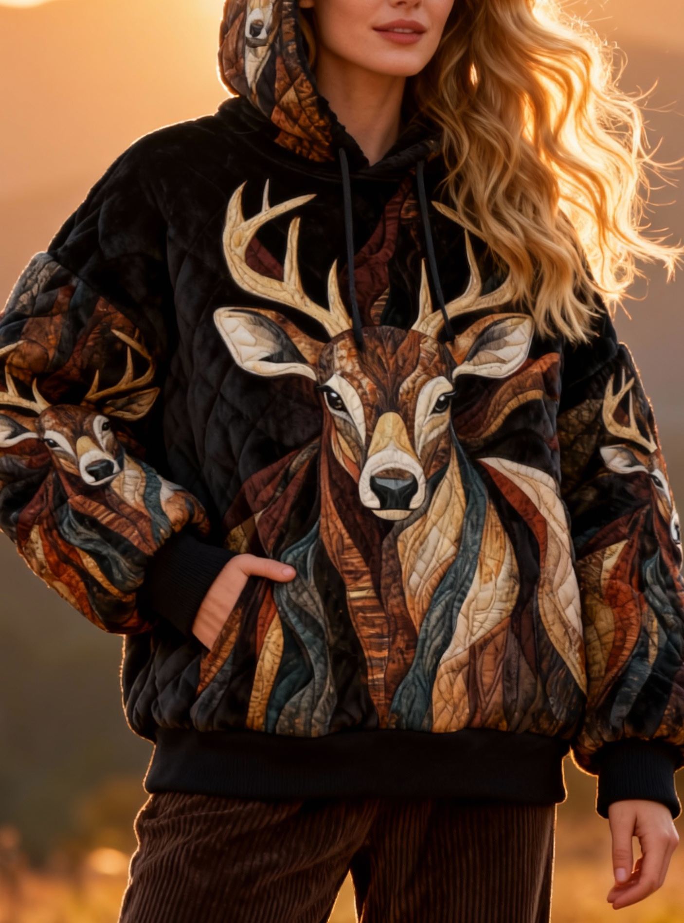 Bohemian Deer Art Oversized Velvet Quilted Hoodie