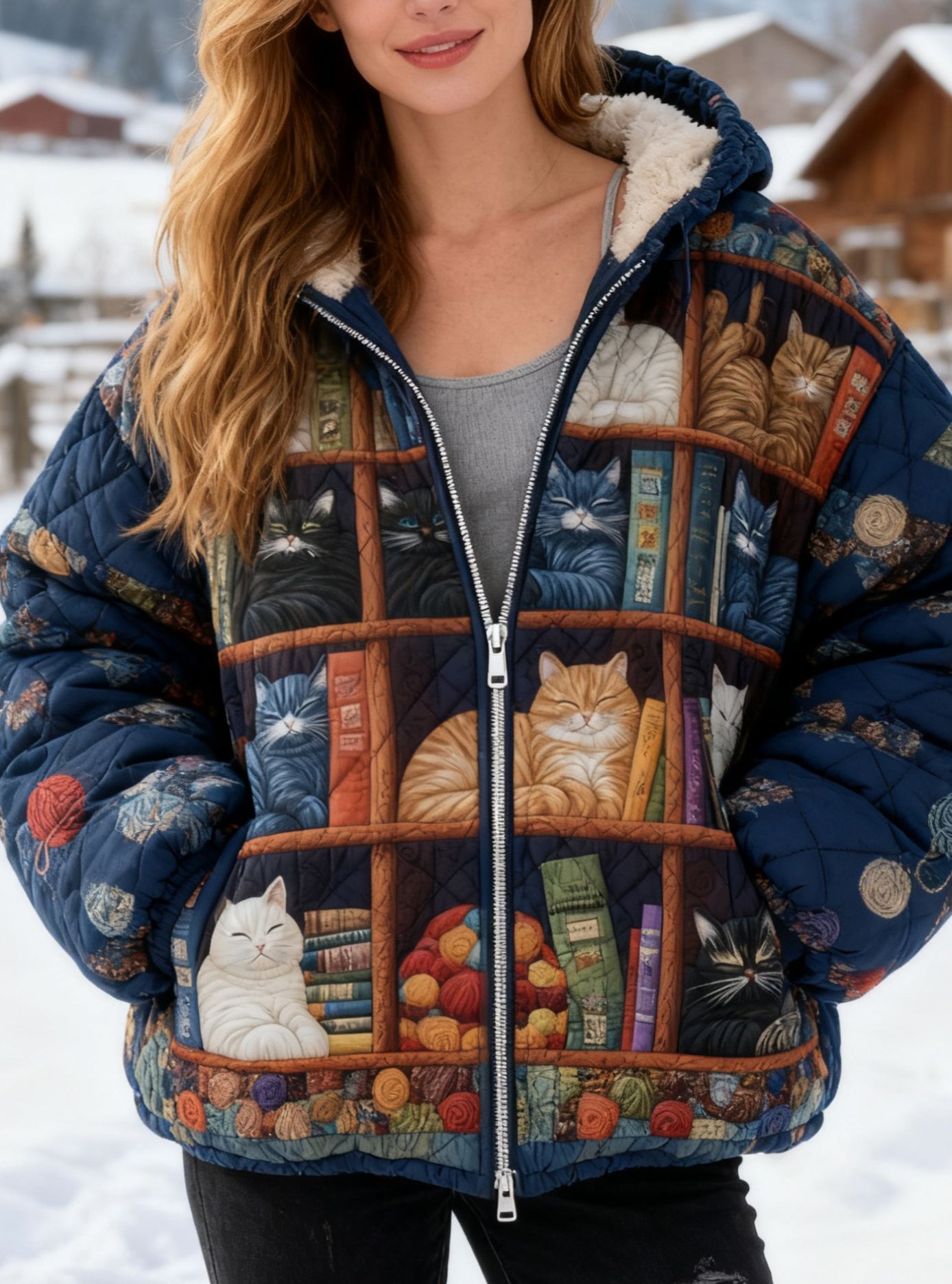 Cat & Bookcase Pattern Sherpa-Lined Oversized Hooded Puffer Jacket