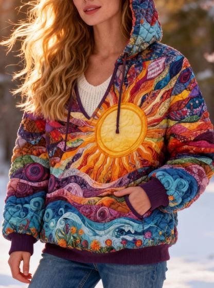 Hippie Colorful Sun & Wave Padded Quilted Hoodie  