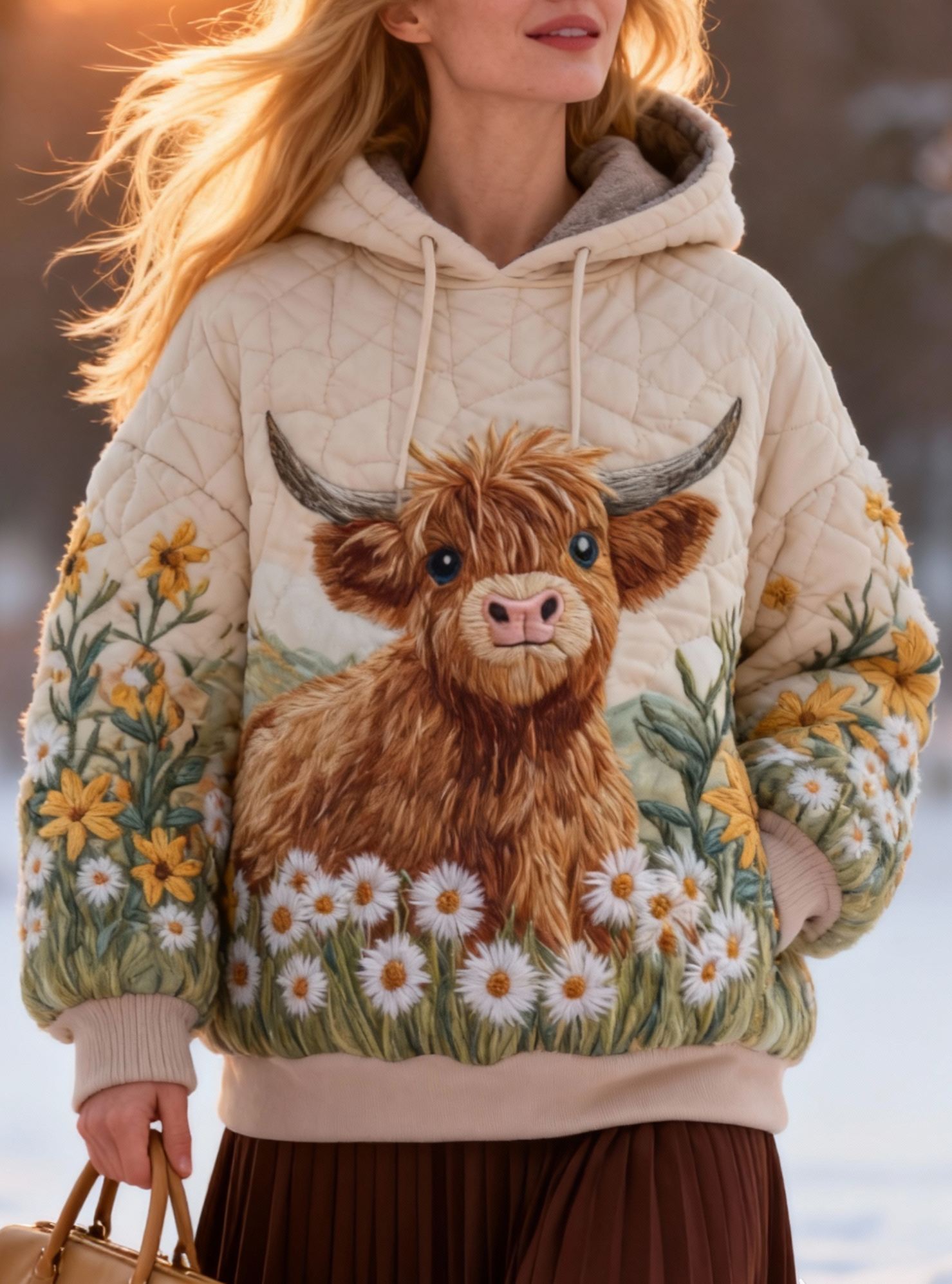 Cute Highland Cow Daisy Pattern Sherpa-Lined Quilted Hoodie  