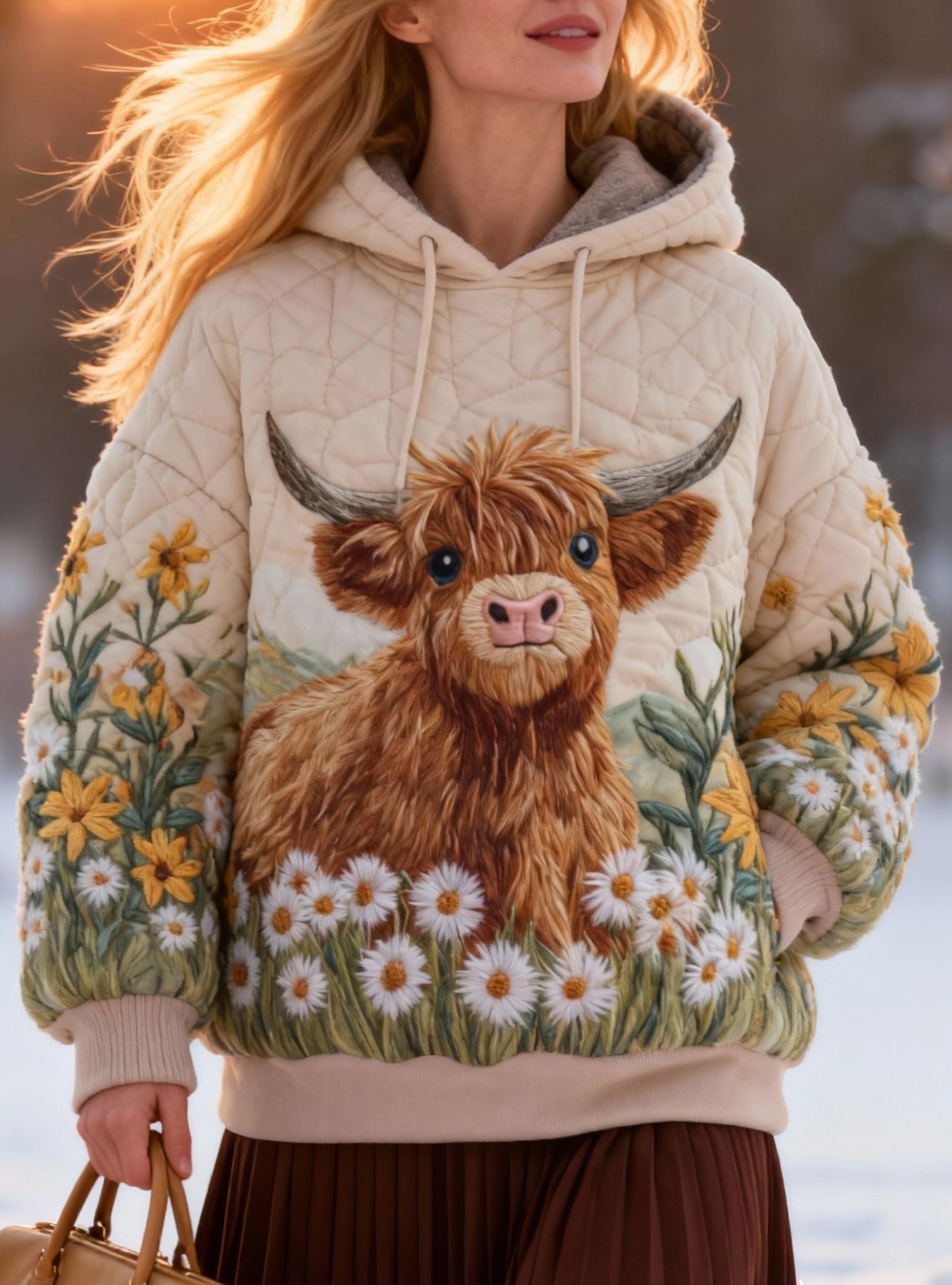 Cute Highland Cow Daisy Pattern Sherpa-Lined Quilted Hoodie  