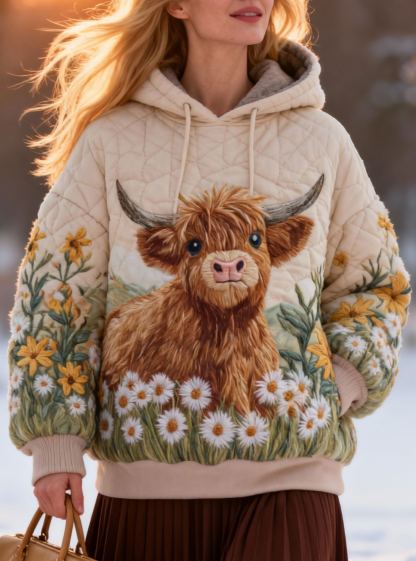 Cute Highland Cow Daisy Pattern Sherpa-Lined Quilted Hoodie  