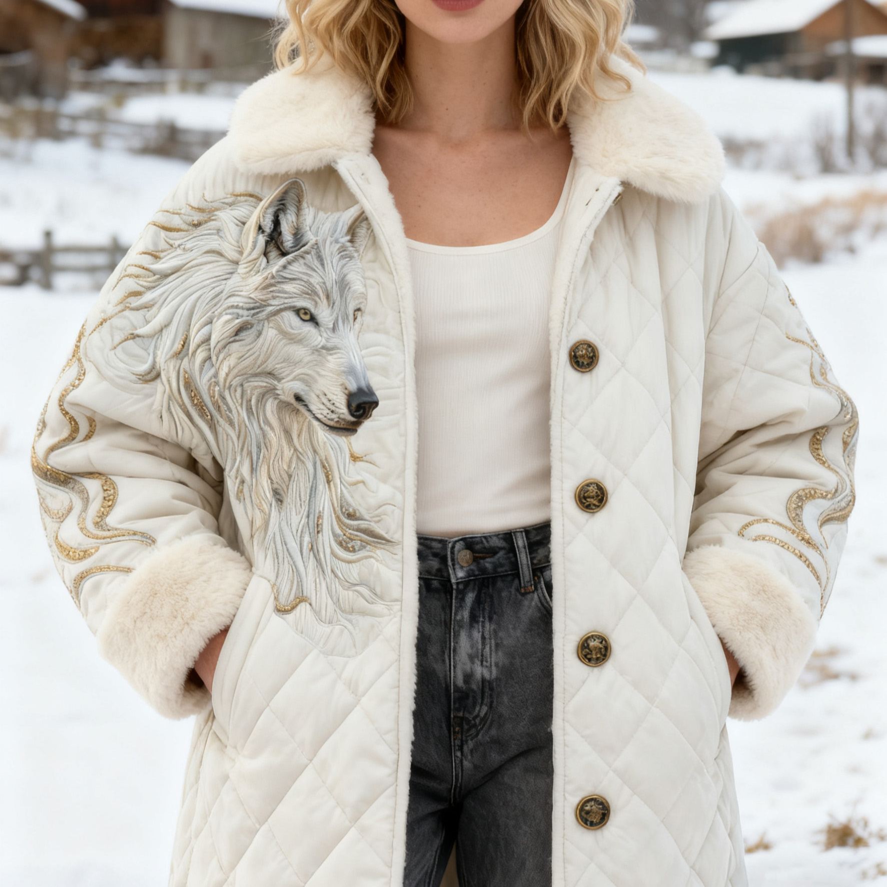 White Wolf Faux Fur Quilted Collar Coat Winter Jacket 
