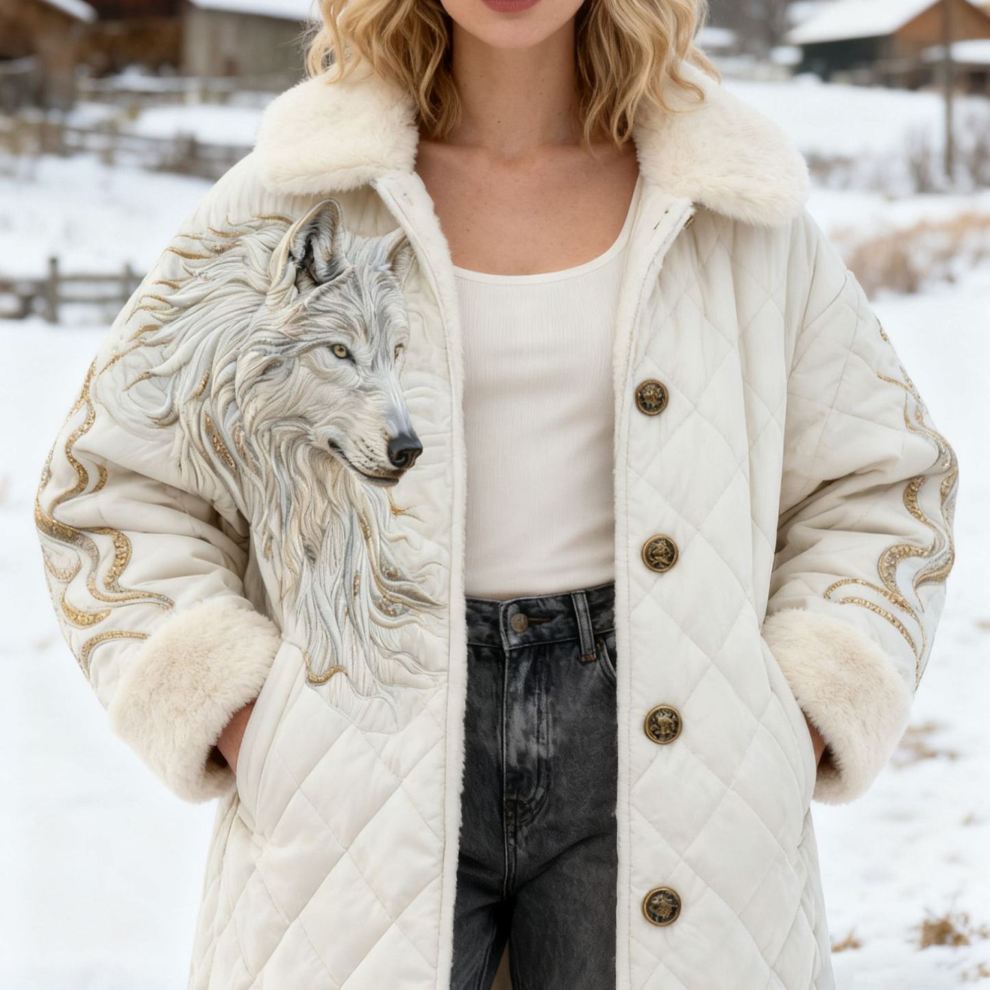 White Wolf Faux Fur Quilted Collar Coat Winter Jacket 