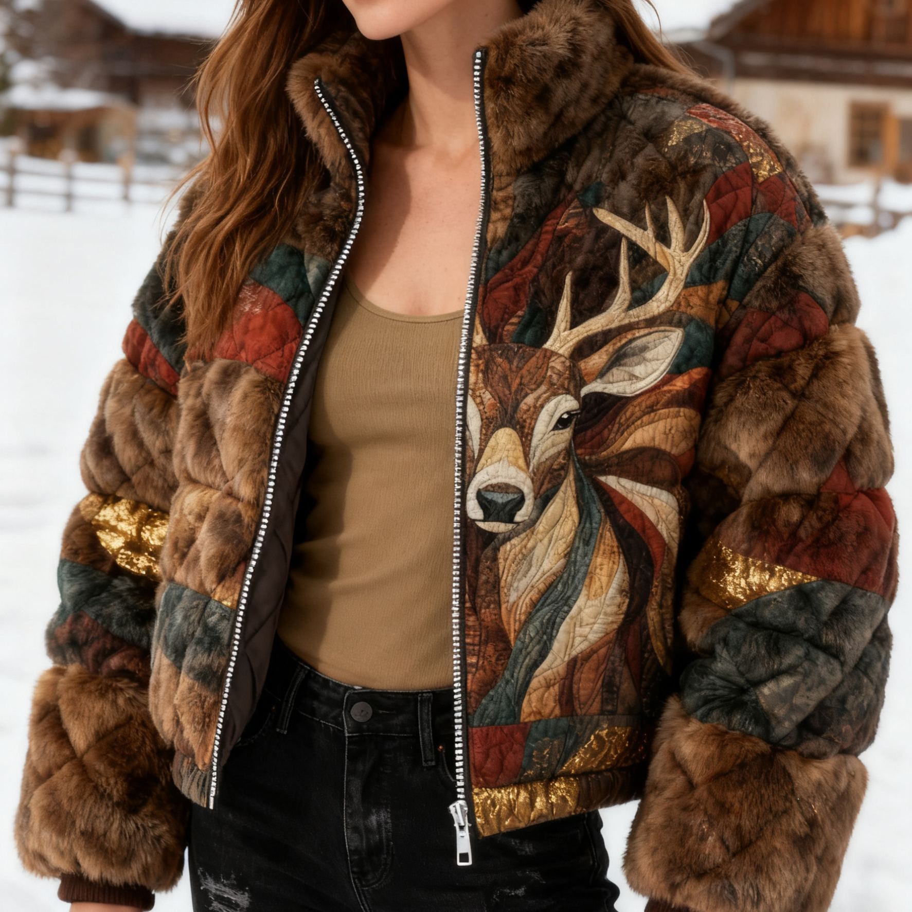 Vintage Deer Velvet Quilted Puffer Jacket 
