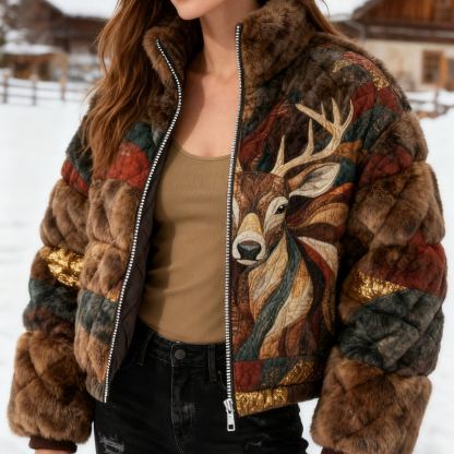Vintage Deer Velvet Quilted Puffer Jacket 