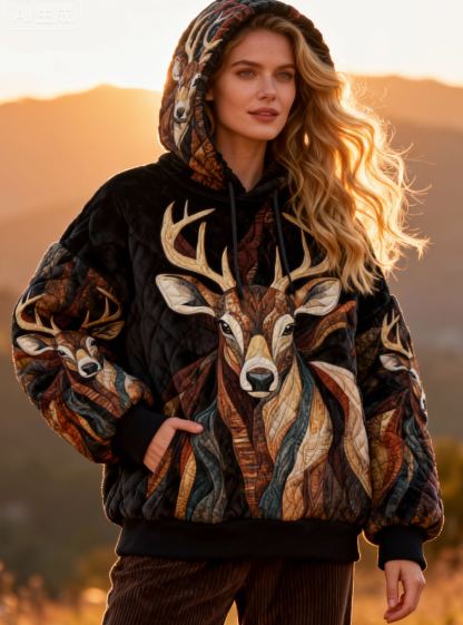 Bohemian Deer Art Oversized Velvet Quilted Hoodie