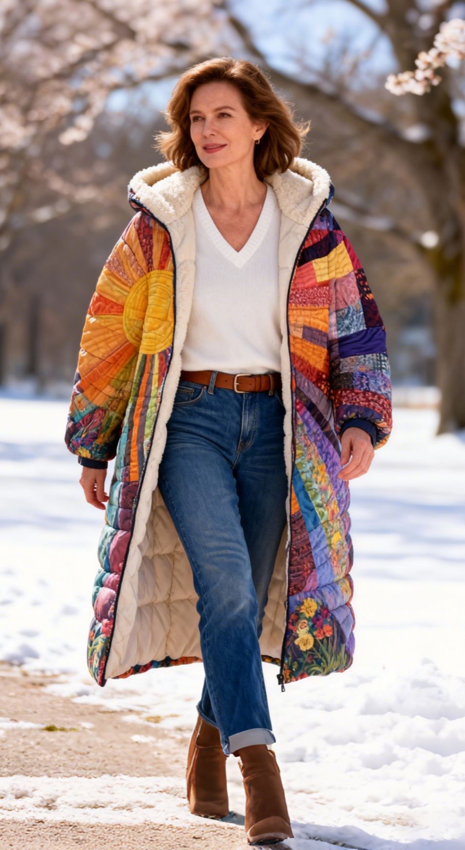 Colorful Sun Floral Patchwork Warm Coat Fleece Lined Long Hooded Quilted Jacket