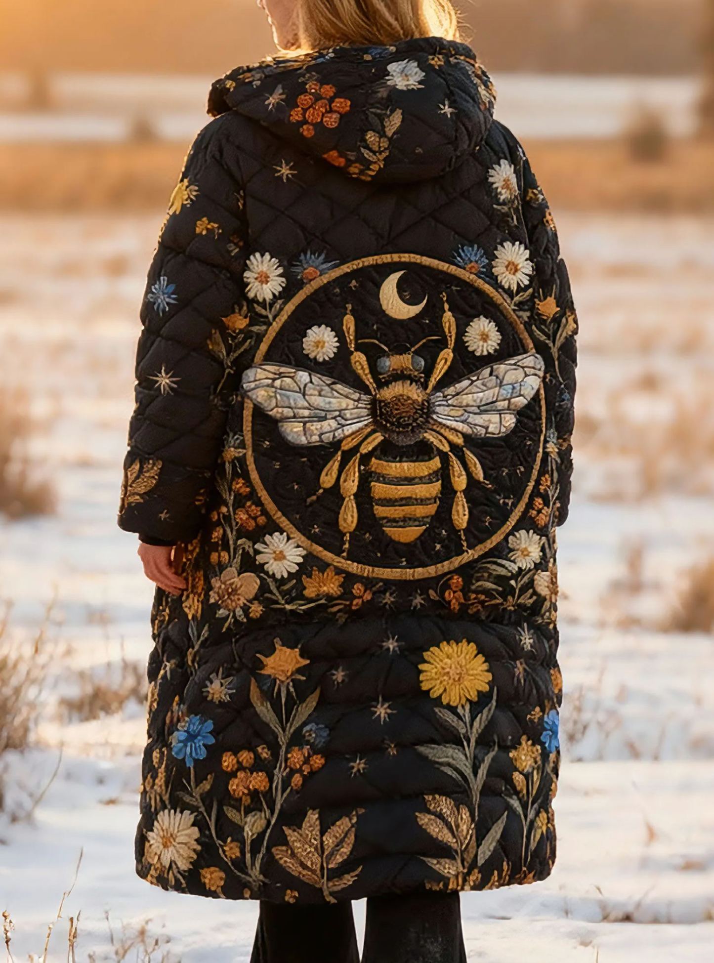  Vintage Bee & Floral Garden Warm Coat Long Hooded Quilted Jacket