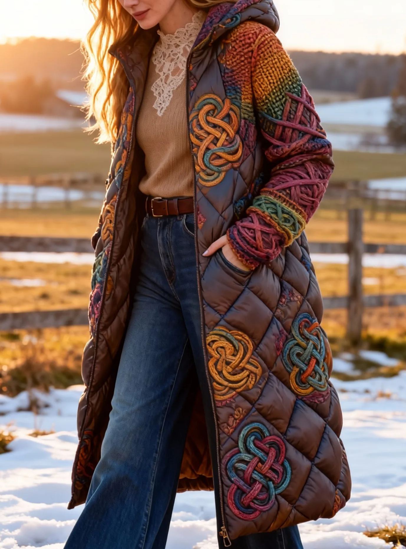 Vintage Celtic Knot Embroidery Warm Coat Long Hooded Quilted Jacket