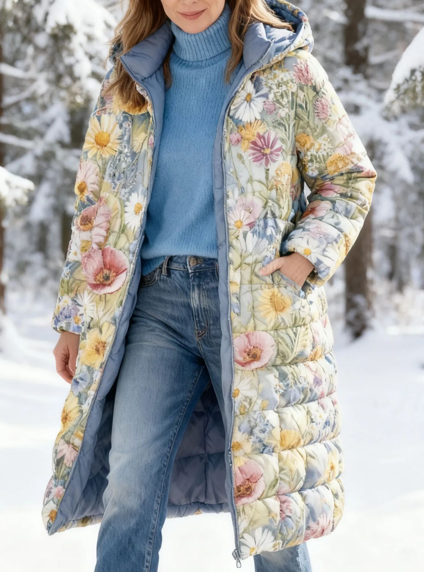 Casual Watercolor Floral Print Warm Coat Long Hooded Quilted Jacket