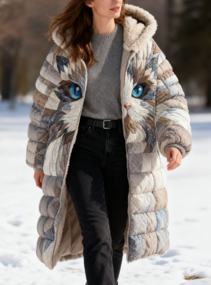 Abstract Blue-Eyed Cat Patchwork Warm Coat Fleece-Lined Long Hooded Quilted Jacket