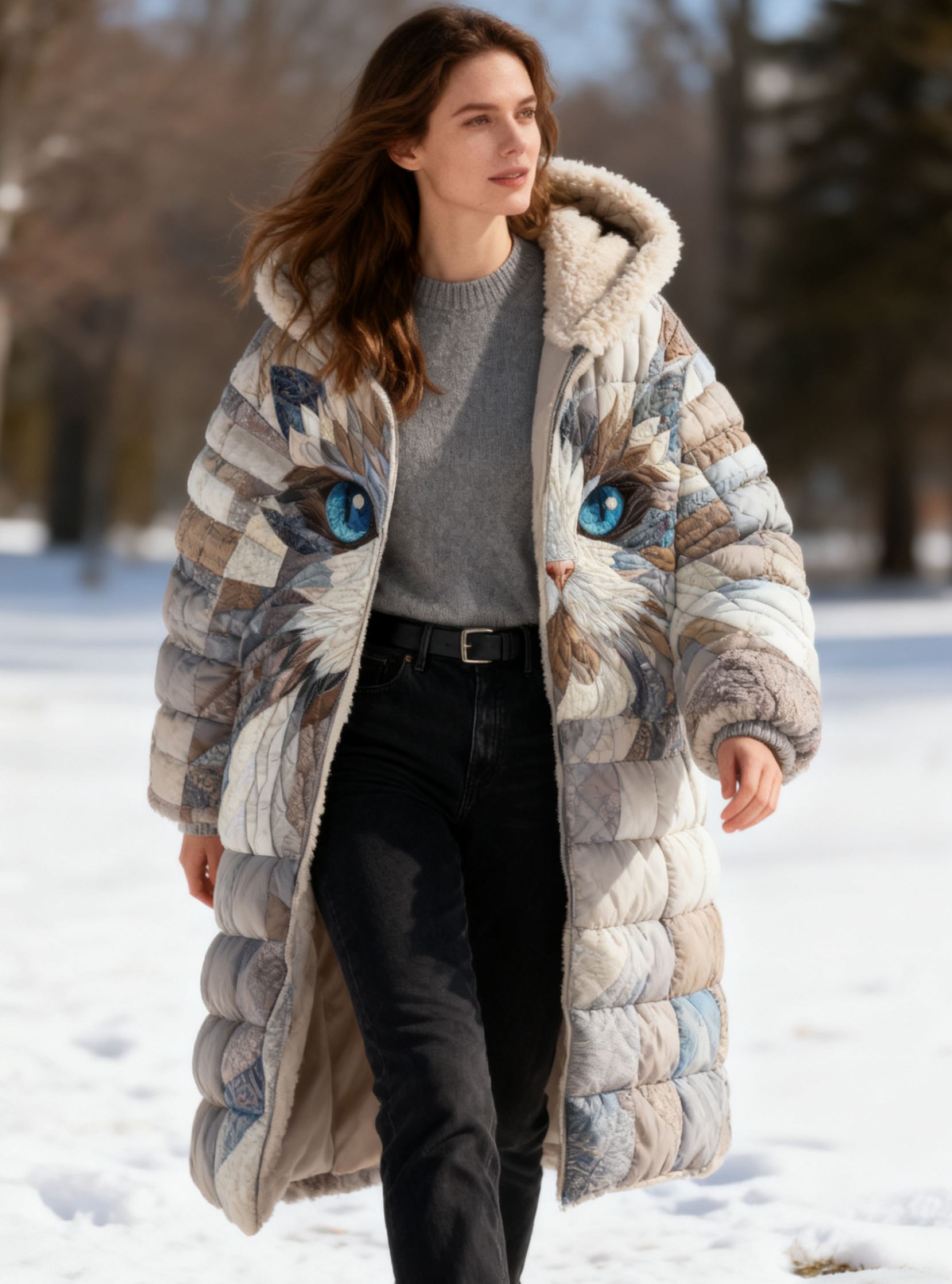 Abstract Blue-Eyed Cat Patchwork Warm Coat Fleece-Lined Long Hooded Quilted Jacket
