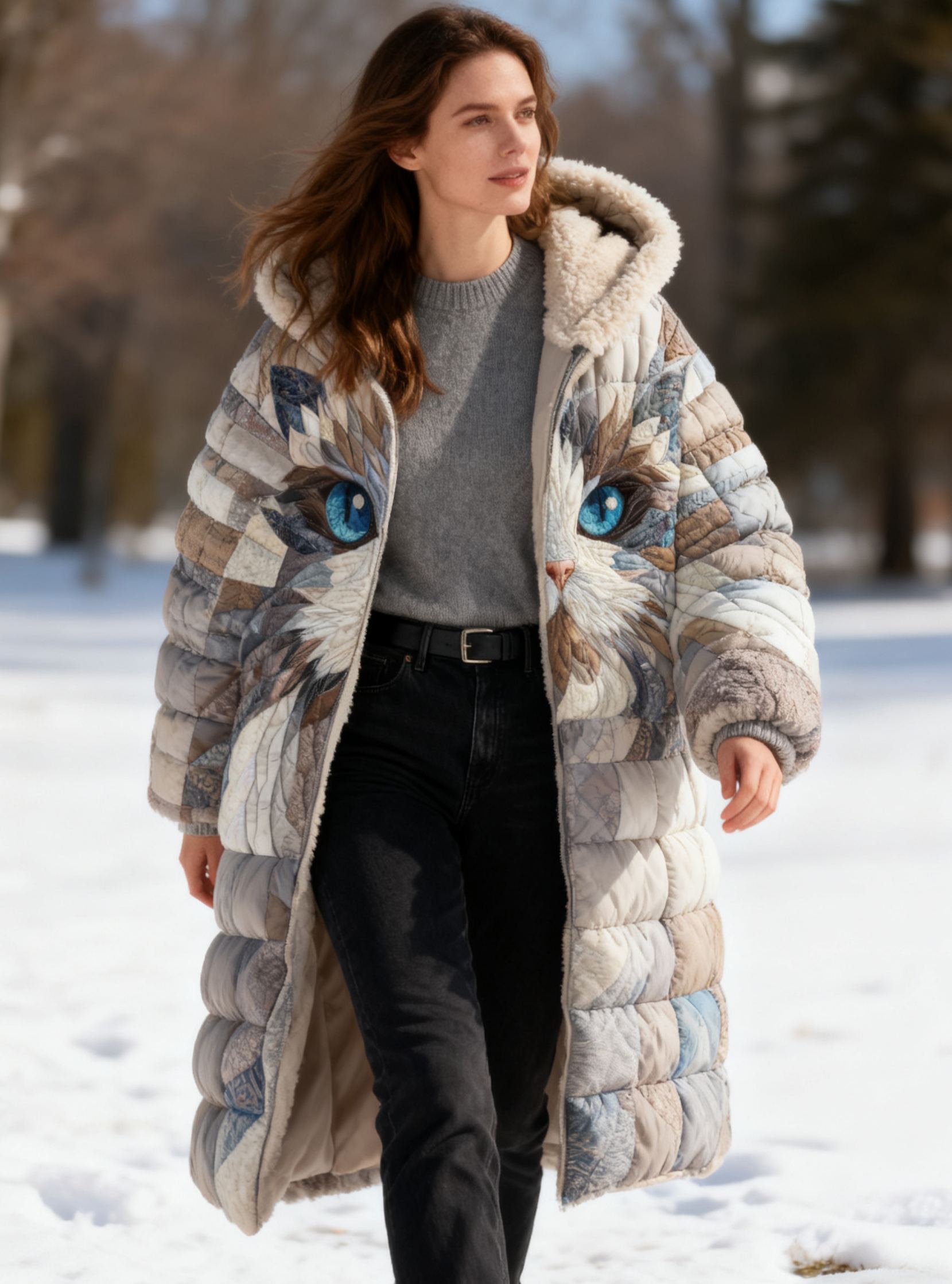 Abstract Blue-Eyed Cat Patchwork Warm Coat Fleece-Lined Long Hooded Quilted Jacket