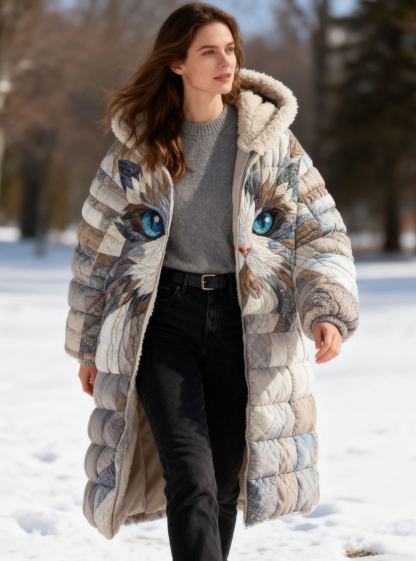 Abstract Blue-Eyed Cat Patchwork Warm Coat Fleece-Lined Long Hooded Quilted Jacket