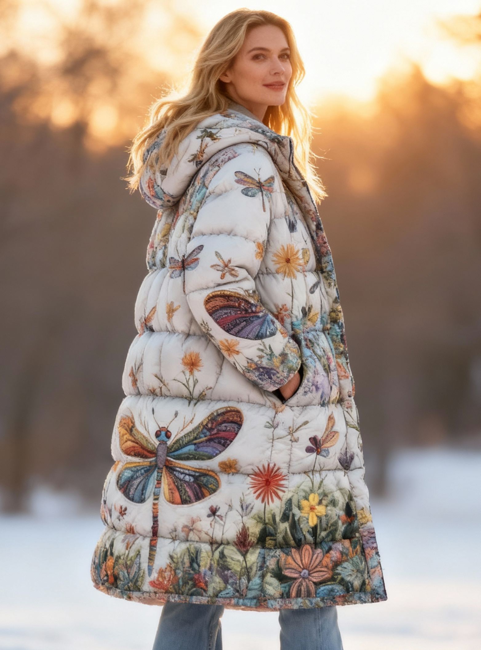  Hippie Dragonfly Floral Pattern Warm Coat Long Hooded Quilted Jacket