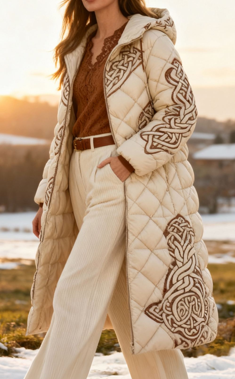 Elegant Celtic Knot Embroidery Warm Coat Long Hooded Quilted Jacket