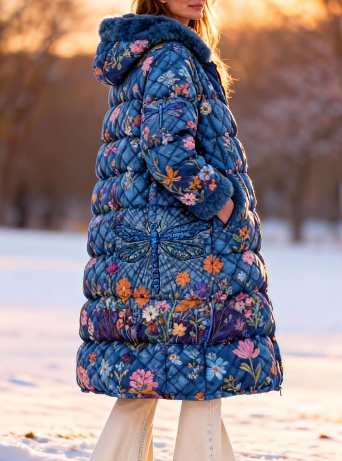 Hippie Dragonfly Floral Faux Fur Trim Warm Coat Fleece-Lined Long Hooded Quilted Jacket