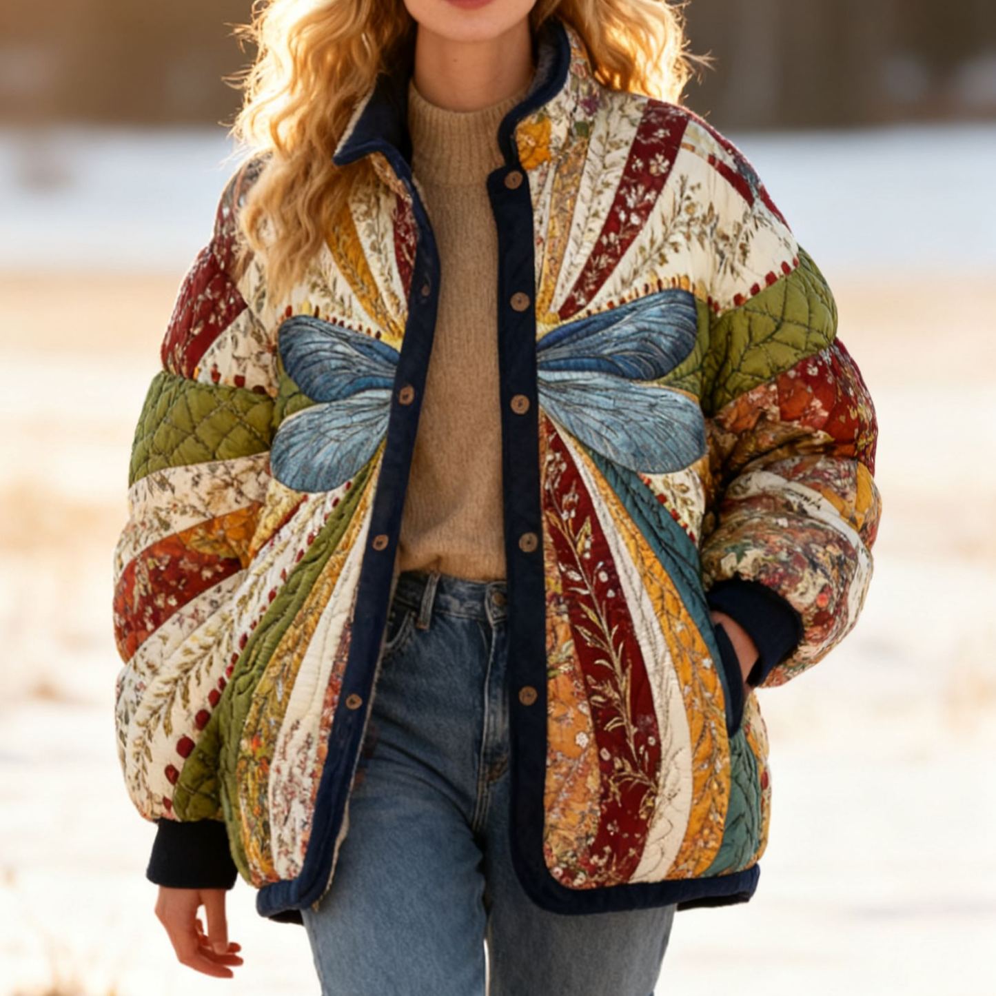 Vintage Striped Patchwork & Dragonfly Print Cozy Quilted Puffer Jacket Stand-Collar Casual Coat 