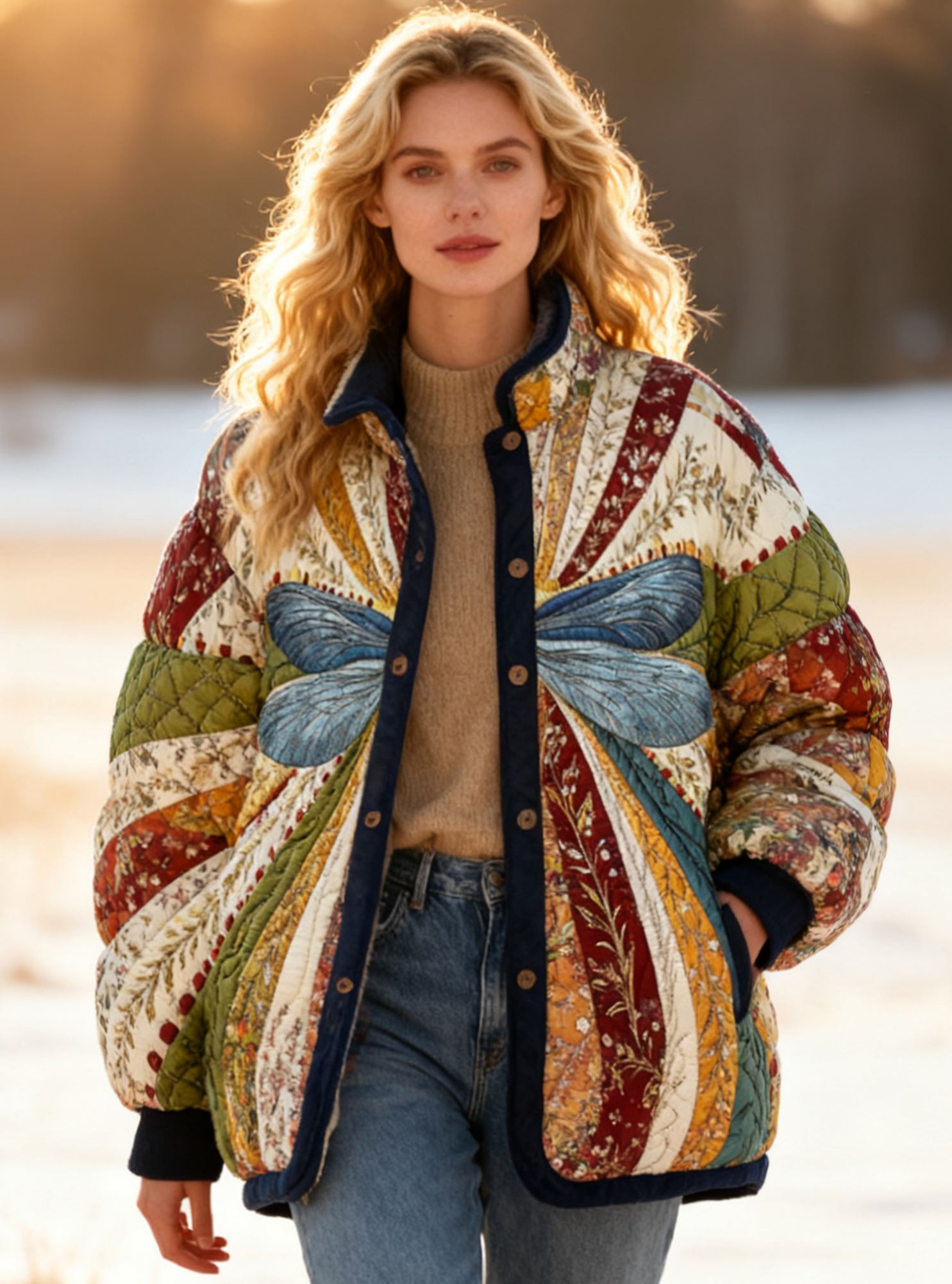 Vintage Striped Patchwork & Dragonfly Print Cozy Quilted Puffer Jacket Stand-Collar Casual Coat 