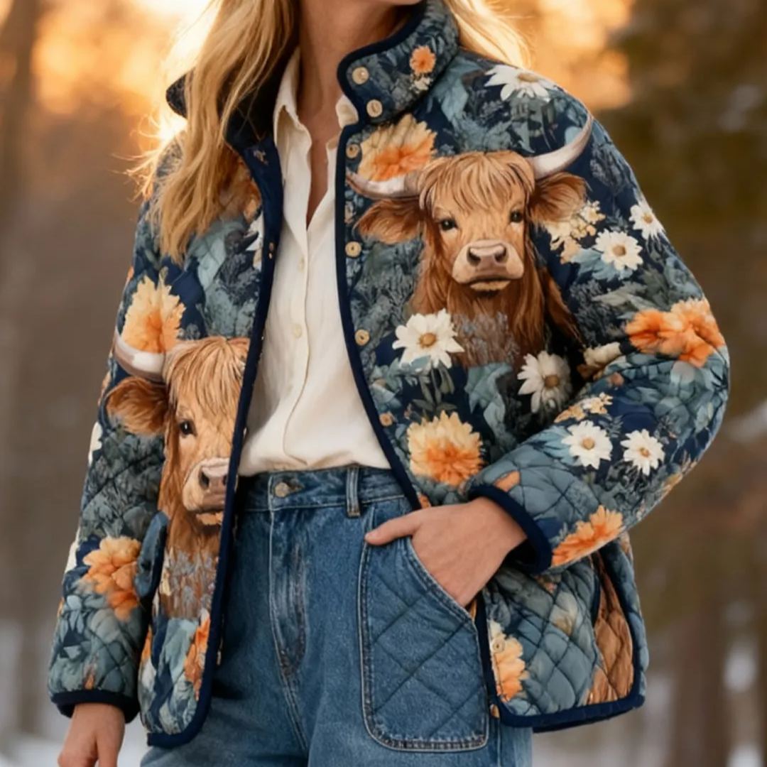 Vintage Highland Cow & Floral Print Cozy Quilted Puffer Jacket Stand-Collar Casual Coat 