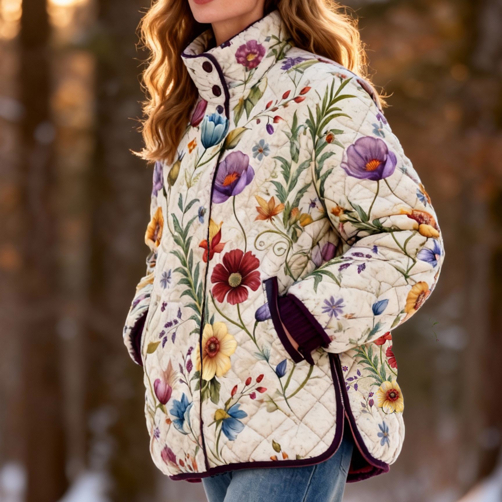  Retro Floral Cozy Quilted Puffer Jacket Stand-Collar Casual Coat 
