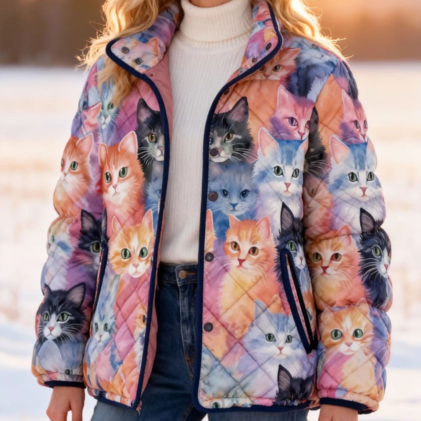 Colorful Cat Print Quilted Puffer Jacket Stand-Collar Casual Coat 