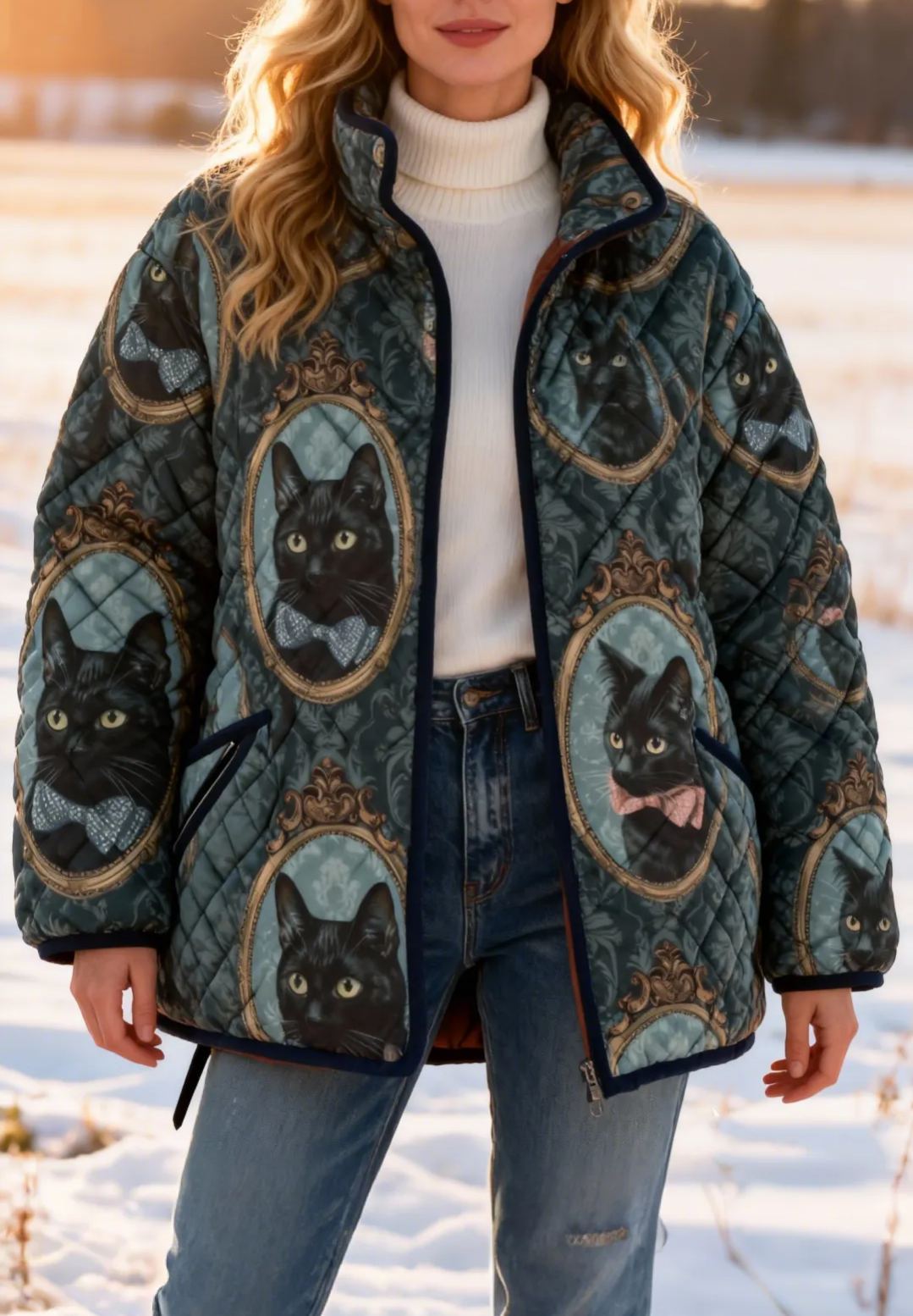  Vintage Frame Black Cat Quilted Puffer Jacket Stand-Collar Casual Coat 